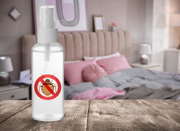 Image of Anti bed bug spray on wooden table in bedroom. Space for text