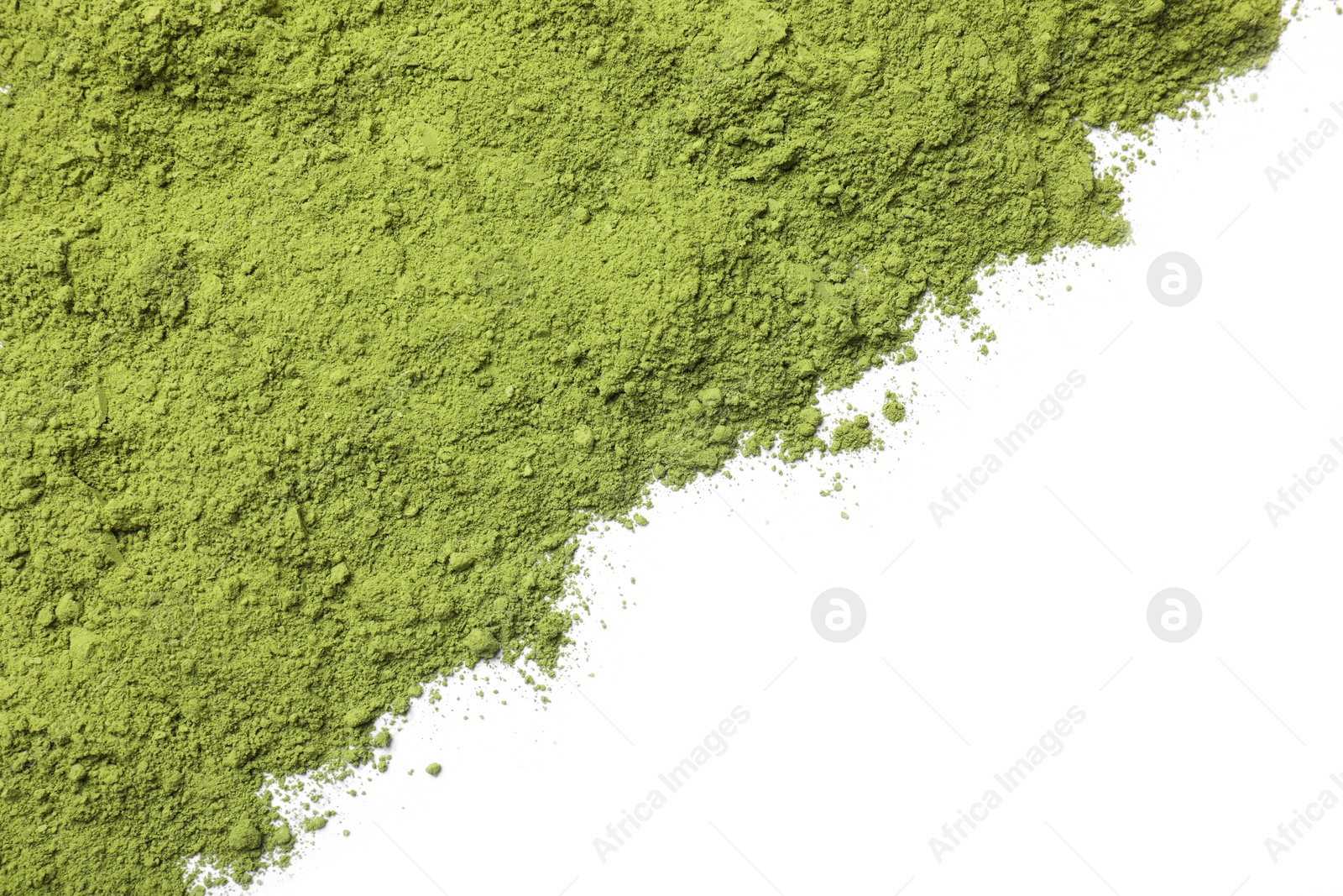 Photo of Green matcha powder isolated on white, top view