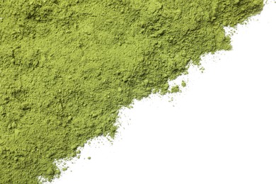 Photo of Green matcha powder isolated on white, top view