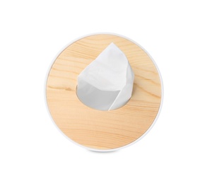 Photo of Holder with paper tissues isolated on white, top view