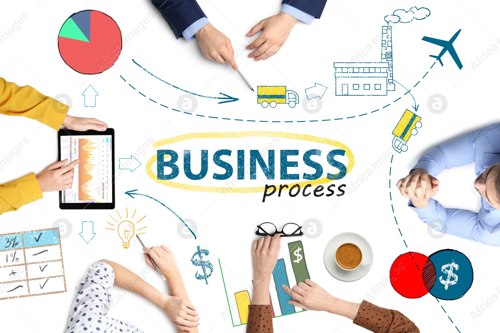 Image of Discussing business process. People and different illustrations on white background, top view