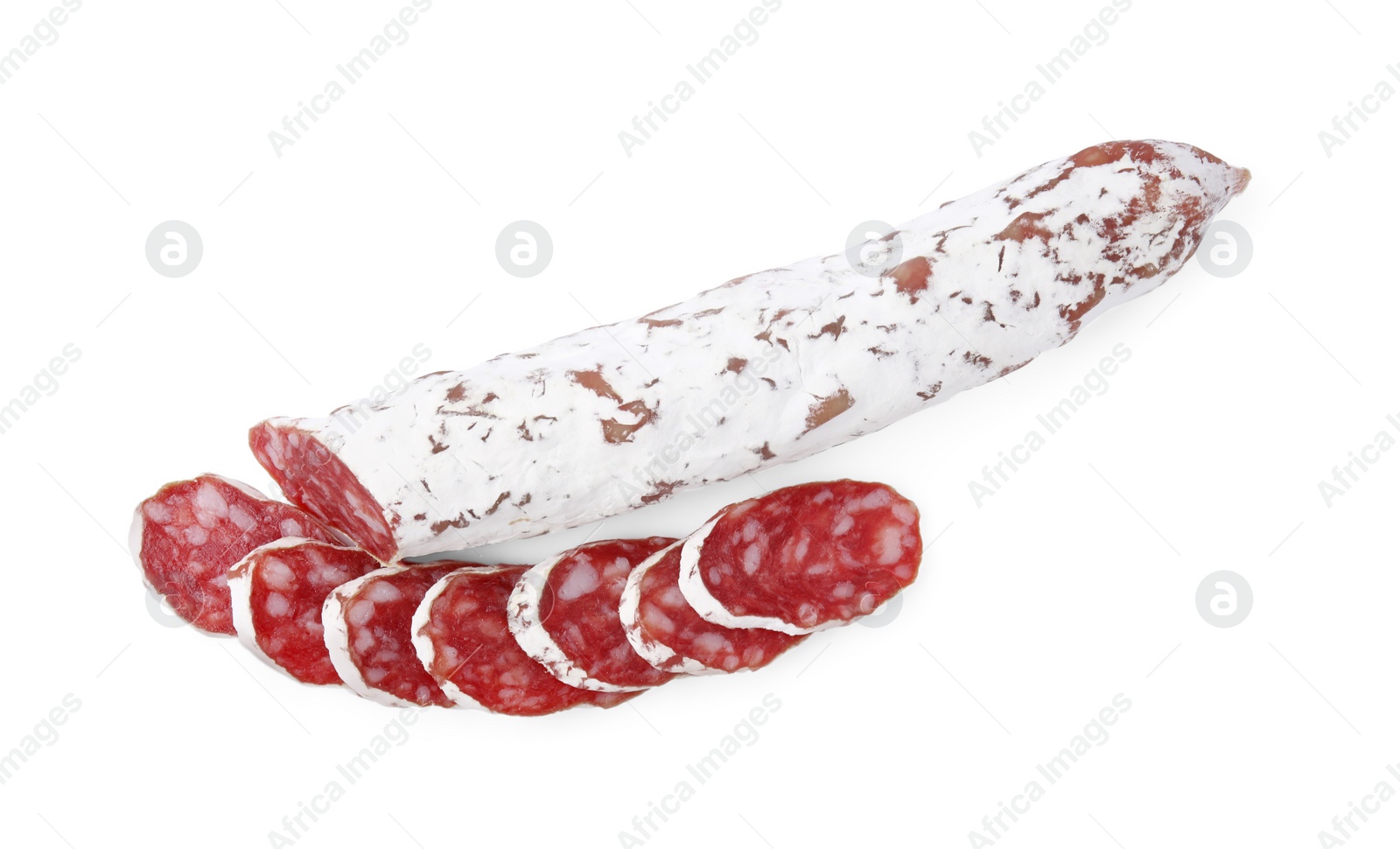 Photo of Delicious cut fuet sausage isolated on white, top view
