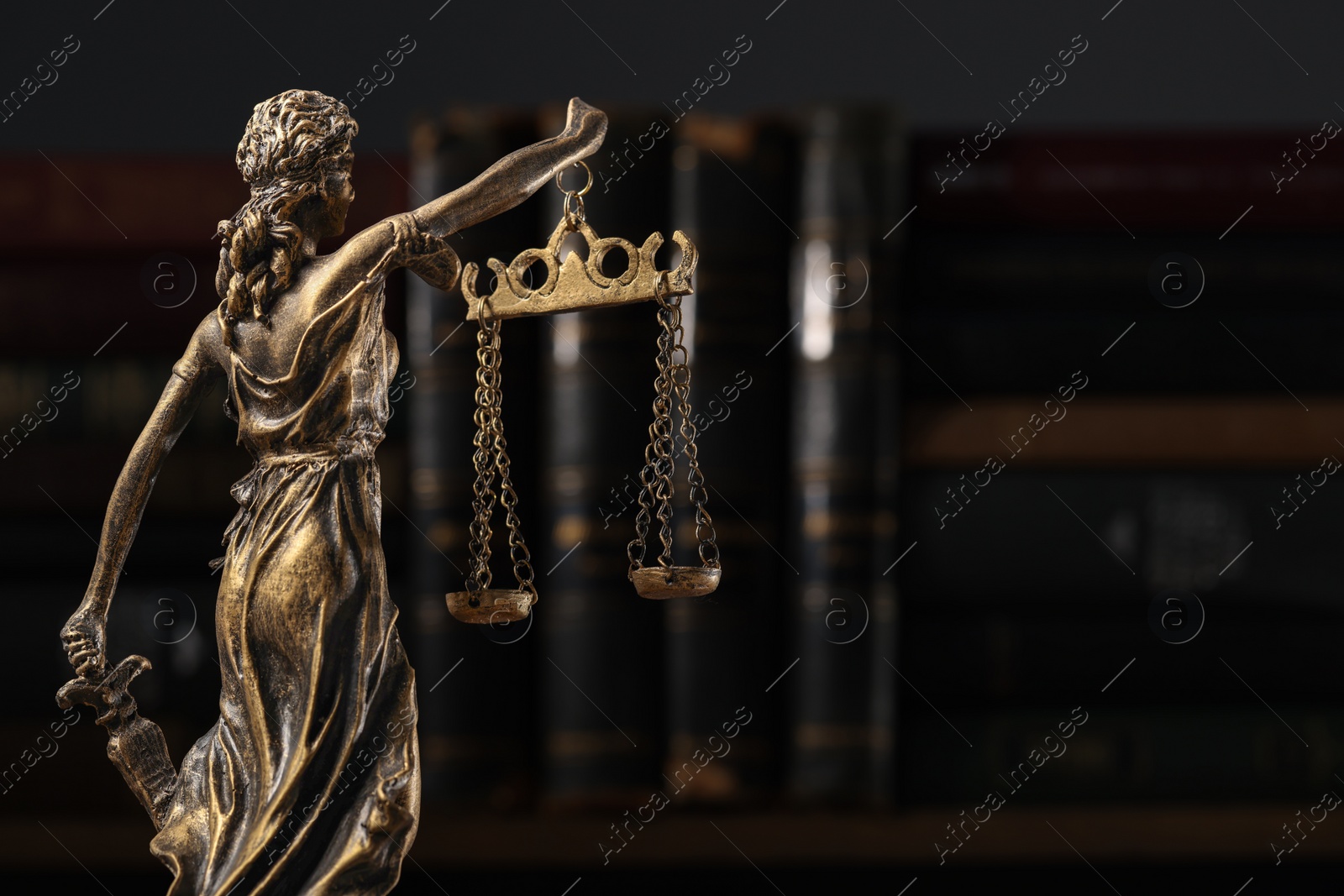 Photo of Symbol of fair treatment under law. Statue of Lady Justice near books, back view with space for text