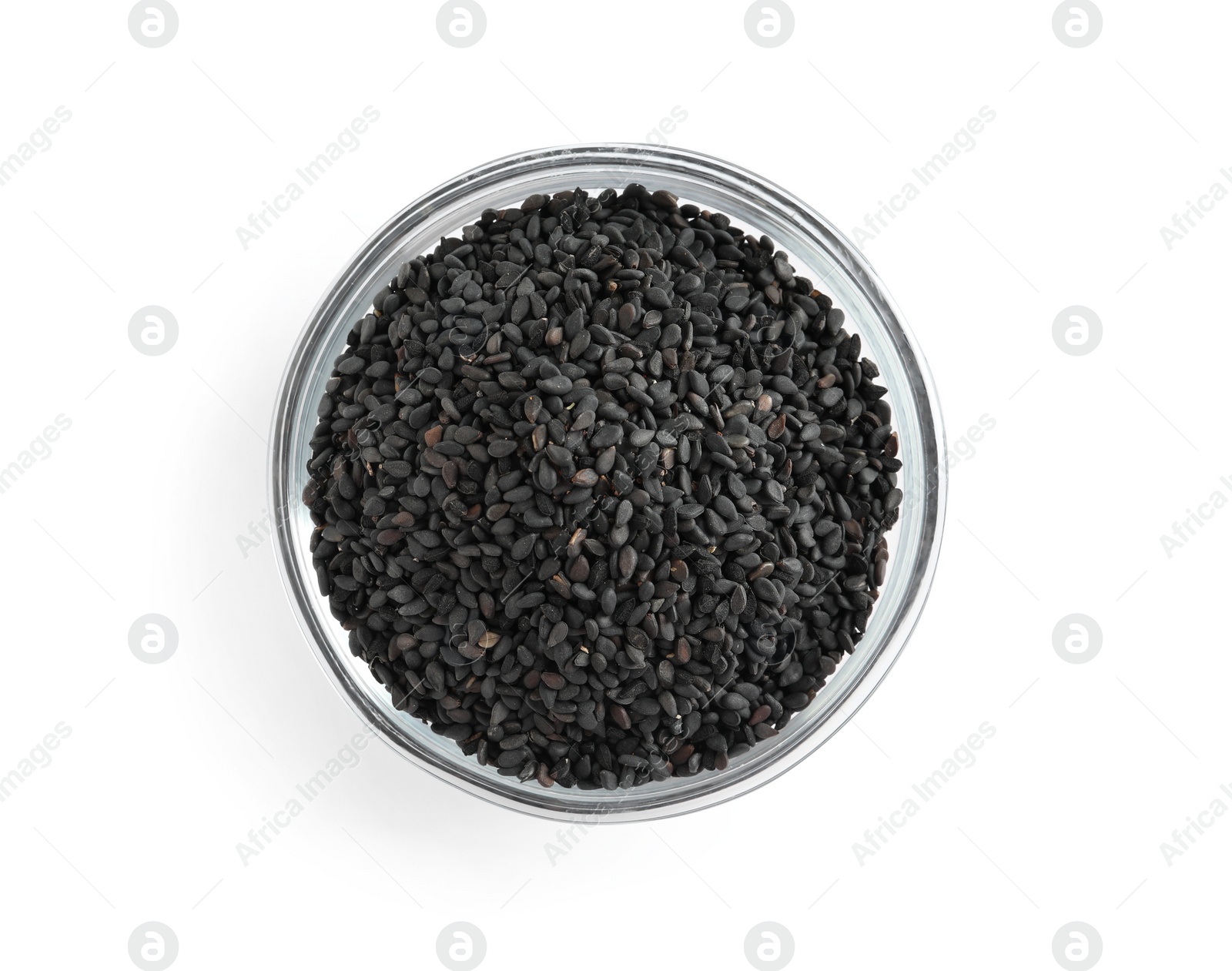 Photo of Black sesame seeds in bowl on white background, top view. Delicious sauce condiment