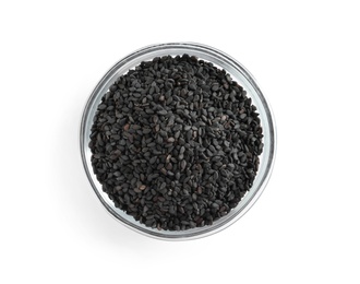 Black sesame seeds in bowl on white background, top view. Delicious sauce condiment