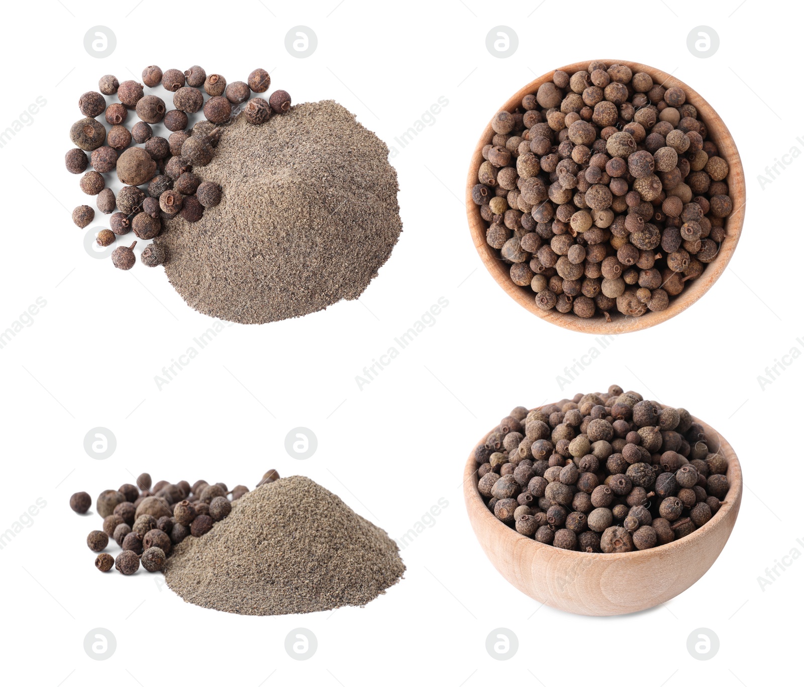 Image of Set of ground pepper and grains on white background