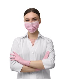 Photo of Cosmetologist in medical uniform on white background