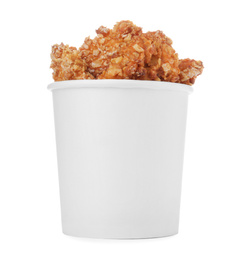 Photo of Bucket with yummy fried nuggets isolated on white
