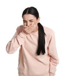 Photo of Woman suffering from nausea on white background. Food poisoning