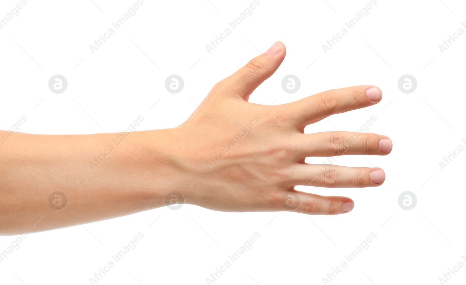 Photo of Young man held out hand on white background, closeup