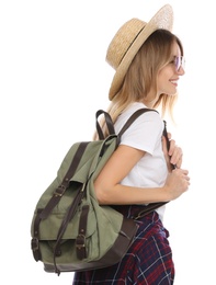 Photo of Woman with backpack and straw hat on white background. Summer travel