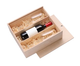 Photo of Wooden gift box with bottle of wine and glasses isolated on white