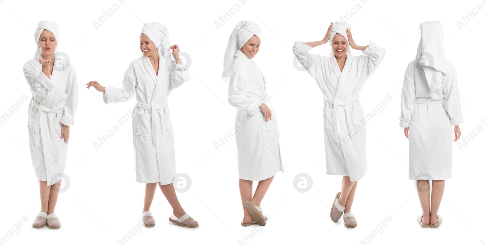 Image of Woman wearing bathrobe on white background, collage. Banner design