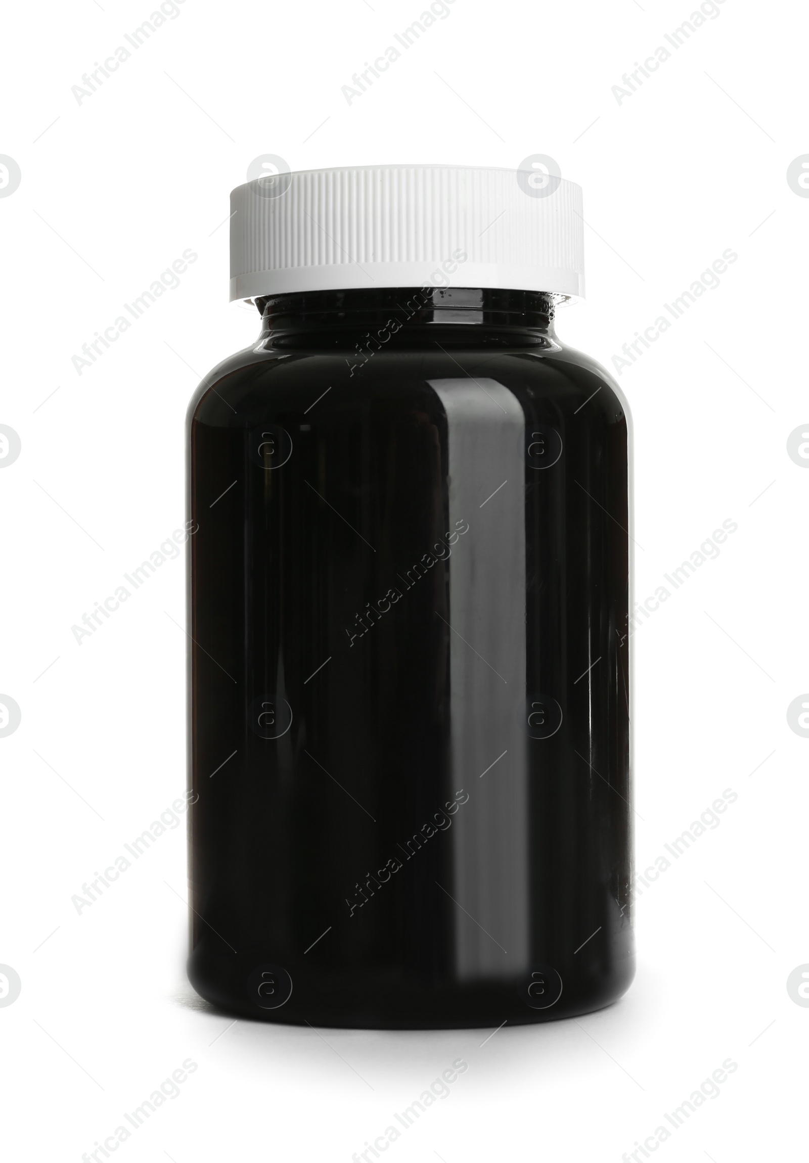 Photo of Bottle for pills with cap on white background