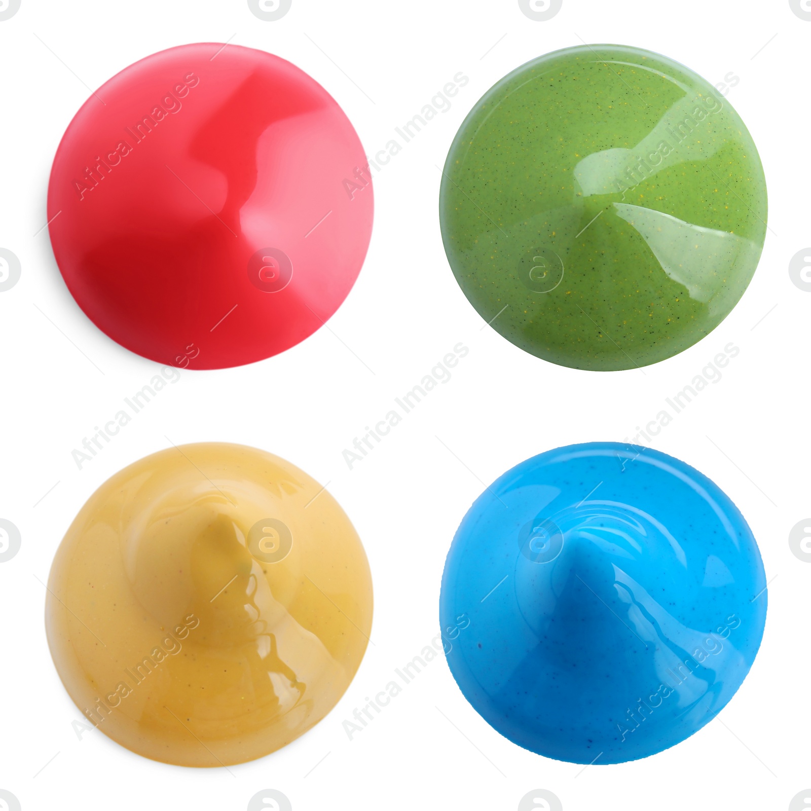 Image of Set with paint blobs of different colors isolated on white, top view