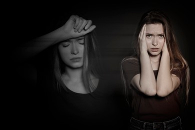 Image of Woman suffering from mental illness on black background. Dissociative identity disorder