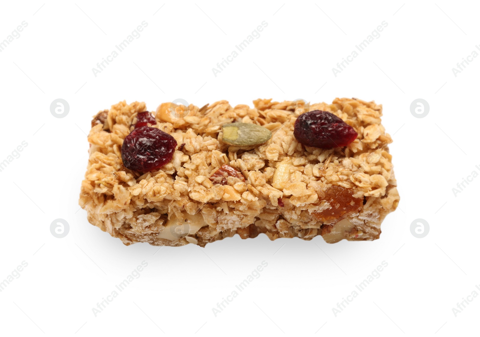 Photo of Tasty granola bar with berries isolated on white