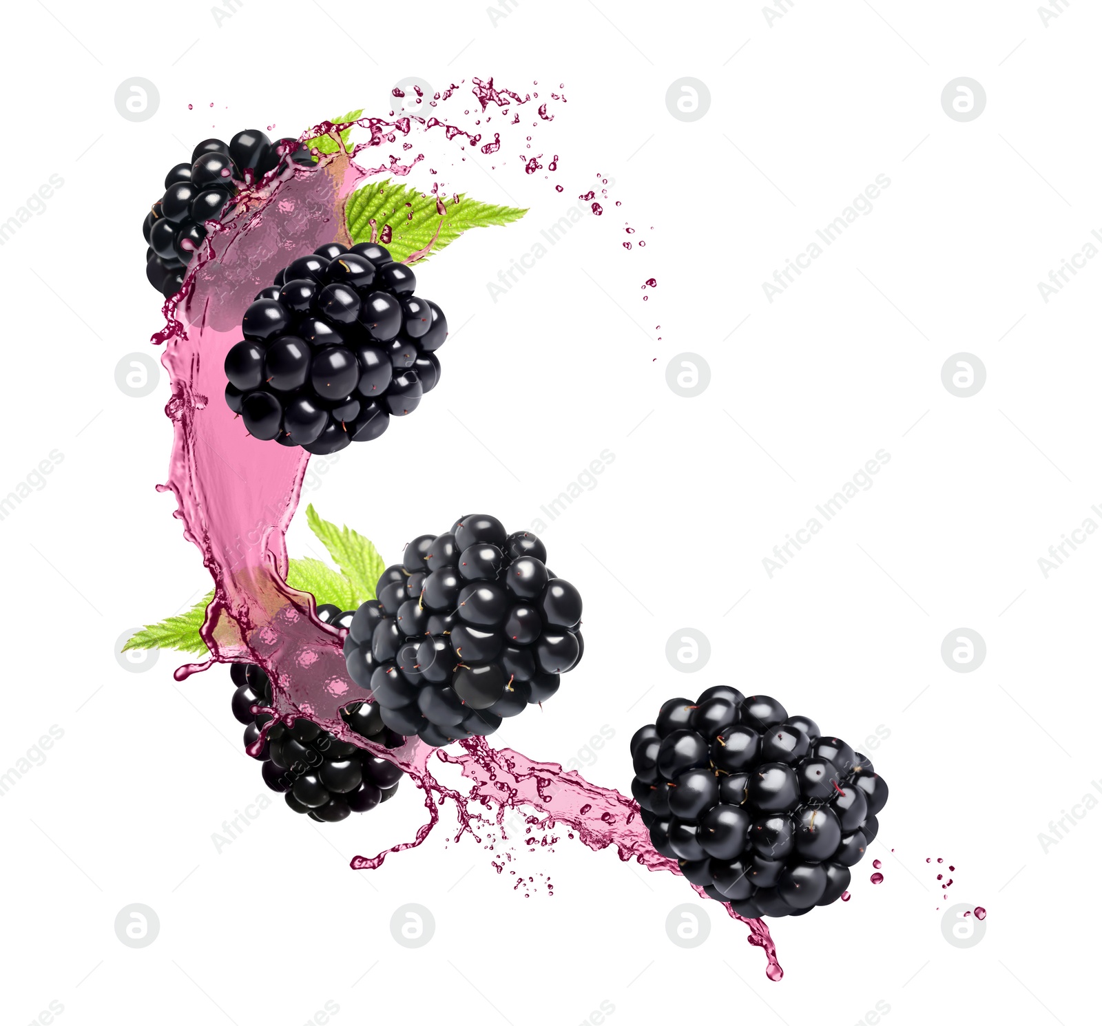 Image of Fresh blackberries and juice in air on white background