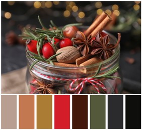 Closeup view of aromatic potpourri with different spices in jar and color palette. Collage