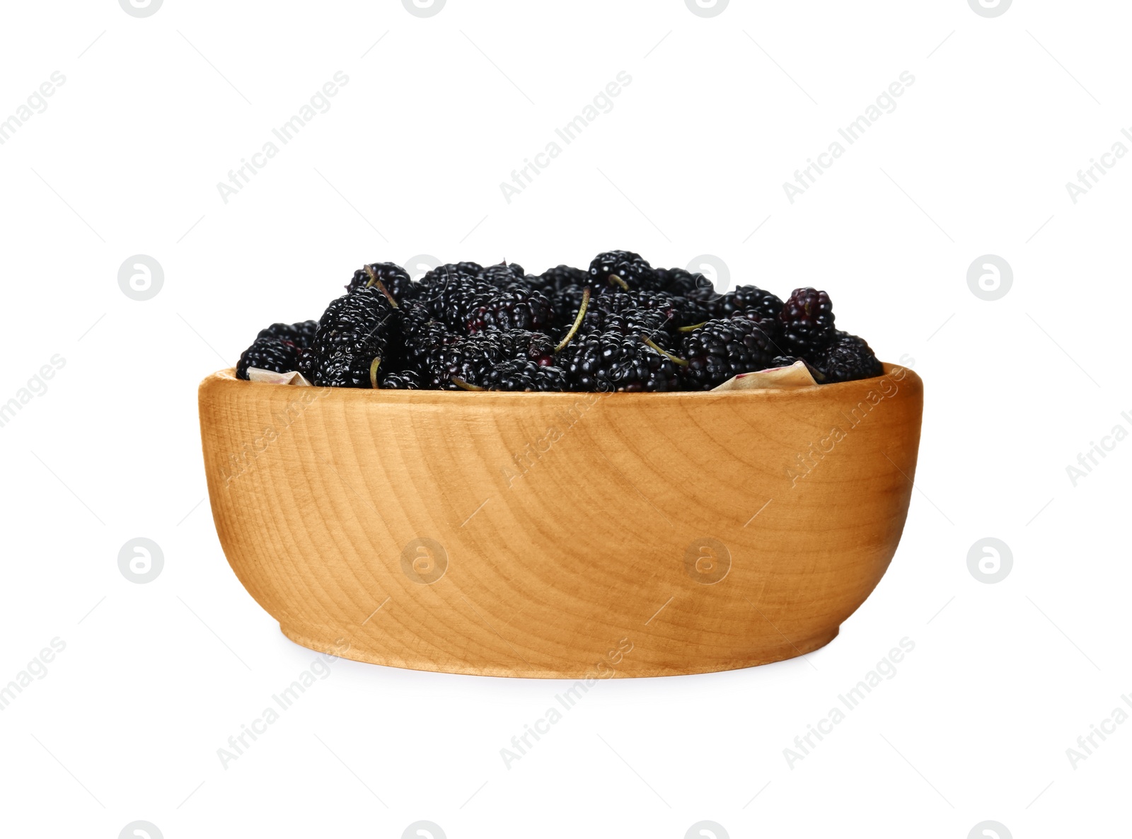 Photo of Bowl of delicious ripe black mulberries isolated on white