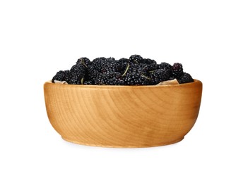 Photo of Bowl of delicious ripe black mulberries isolated on white