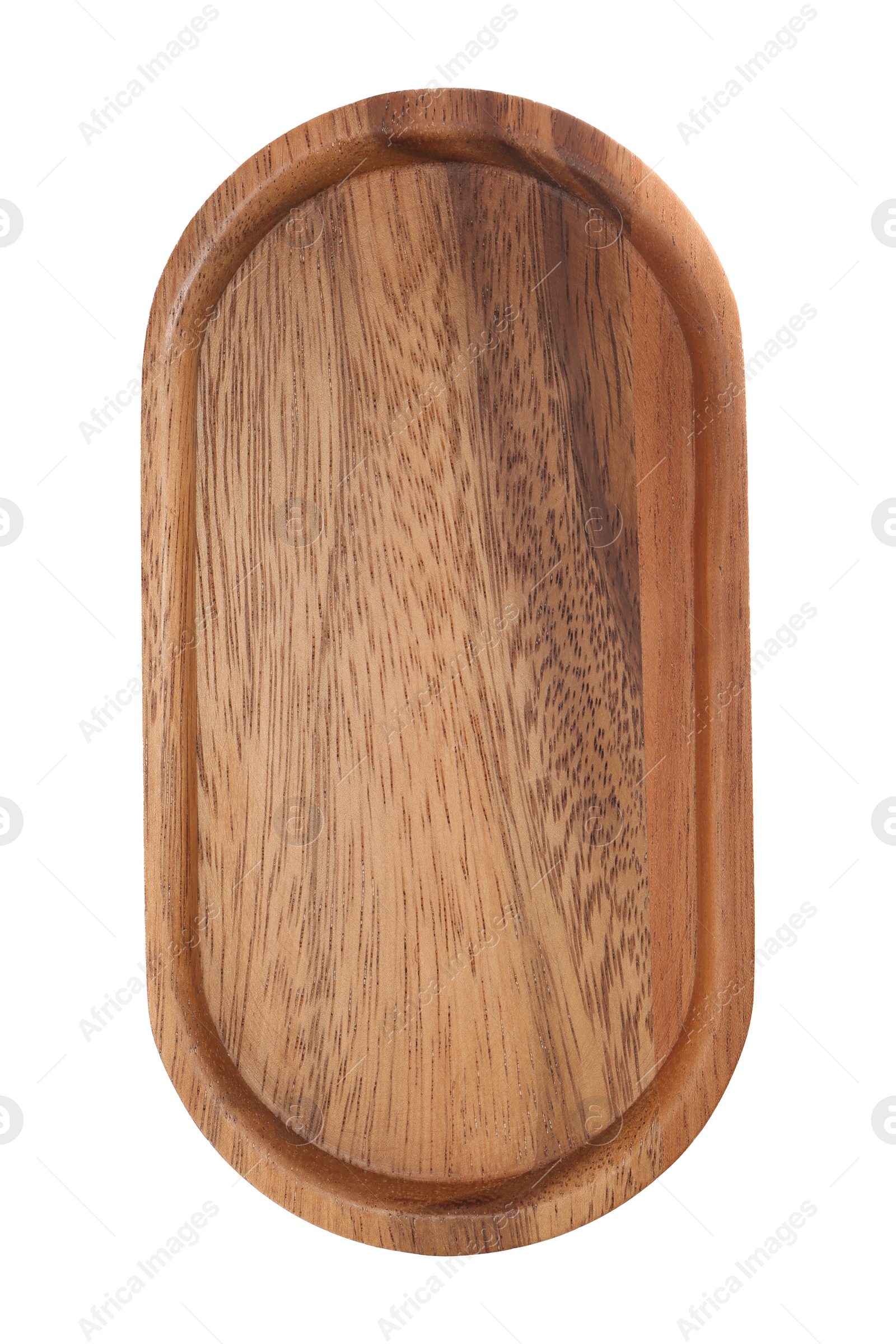 Photo of Wooden tray on white background, top view