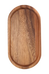 Wooden tray on white background, top view