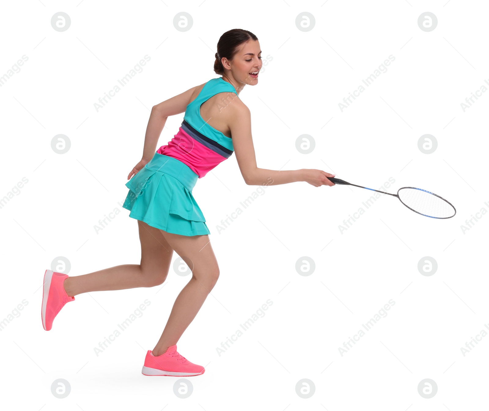 Photo of Young woman playing badminton with racket on white background