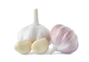 Photo of Fresh garlic bulbs and cloves on white background