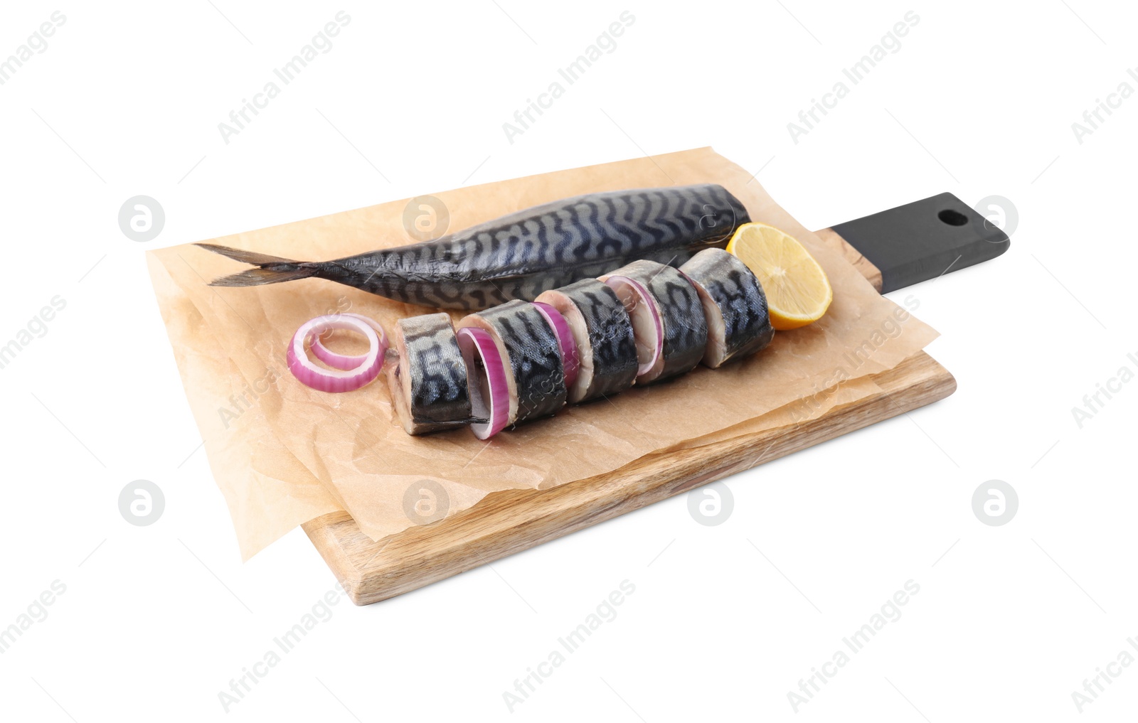 Photo of Wooden board with tasty salted mackerel, onion and lemon isolated on white