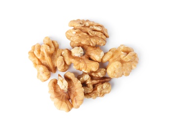 Heap of tasty walnuts on white background, top view