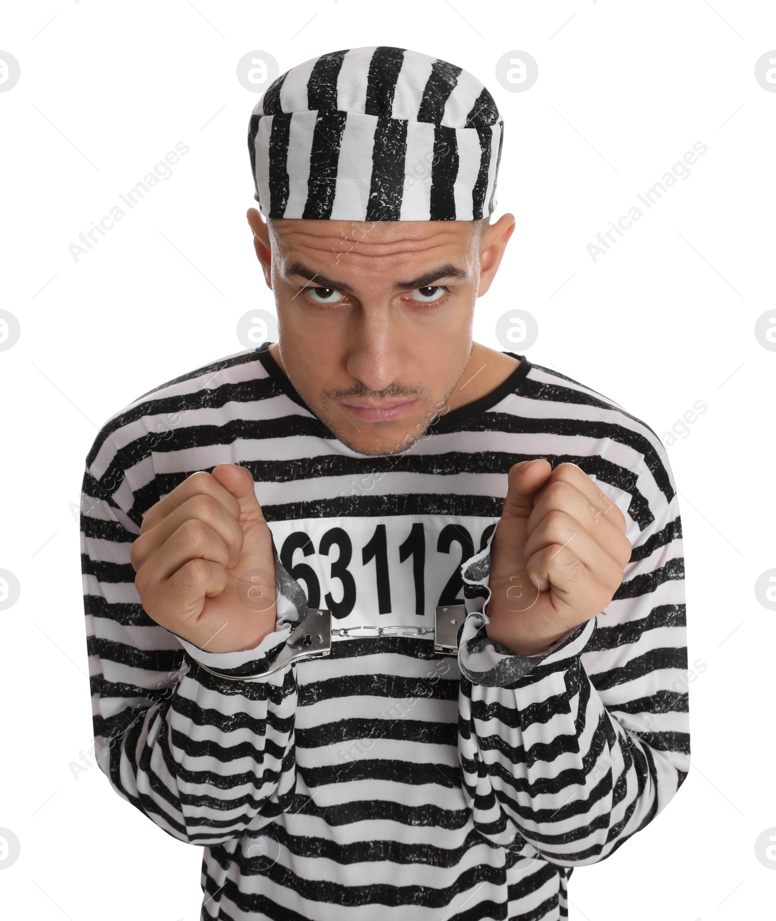 Photo of Prisoner in striped uniform with handcuffs on white background