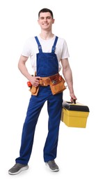 Professional repairman with tool box on white background