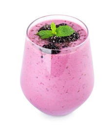 Photo of Delicious blackberry smoothie in glass on white background