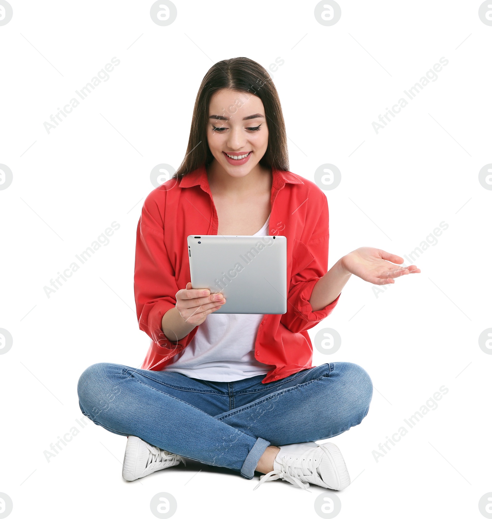 Photo of Woman using tablet for video chat isolated on white