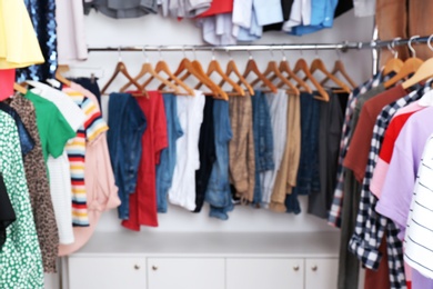 Modern dressing room with different stylish clothes