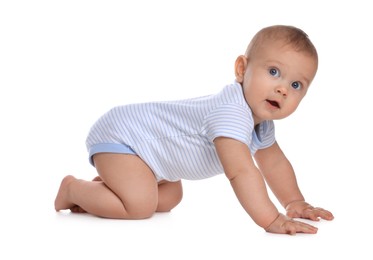 Photo of Cute little baby boy crawling on white background