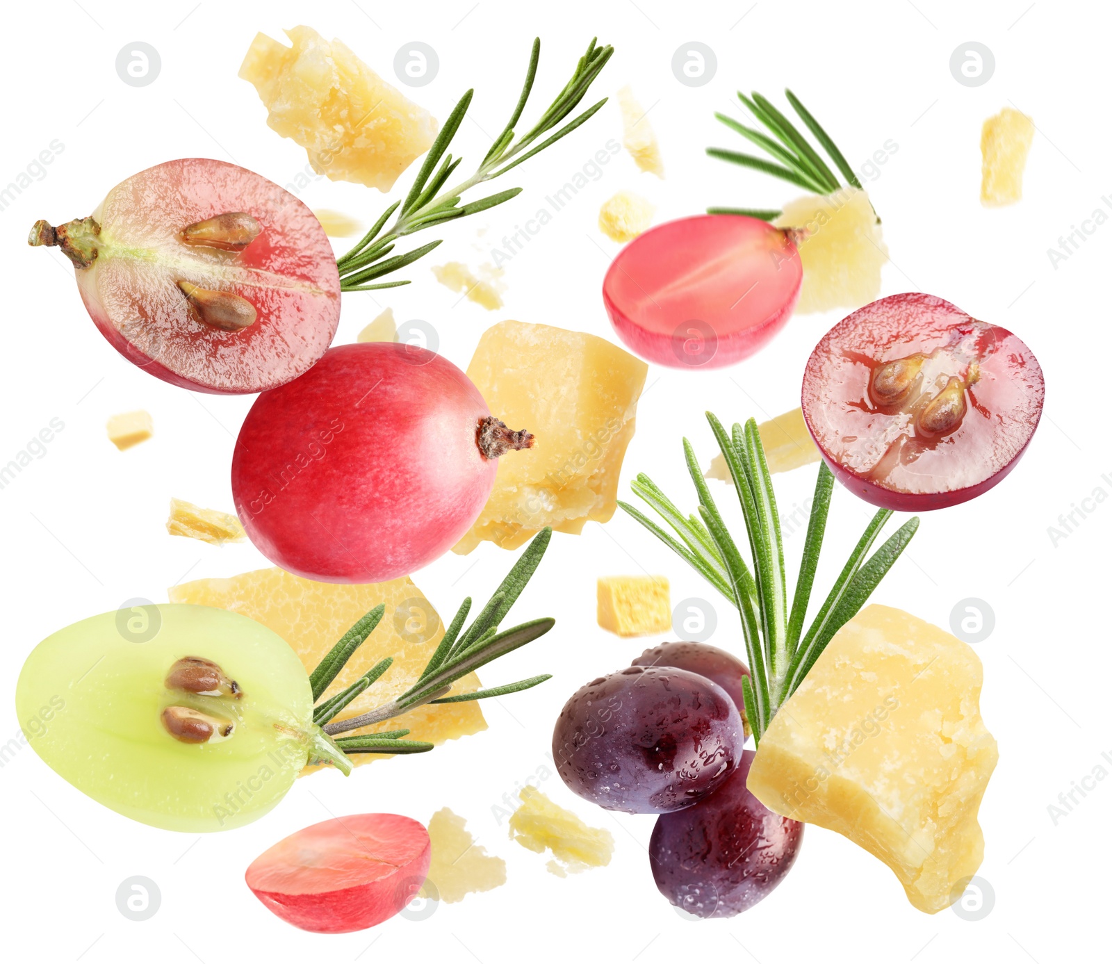 Image of Pieces of delicious parmesan, grapes and rosemary falling on white background