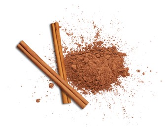 Image of Aromatic cinnamon sticks and powder on white background, top view