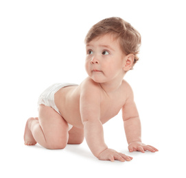 Cute little baby in diaper on white background