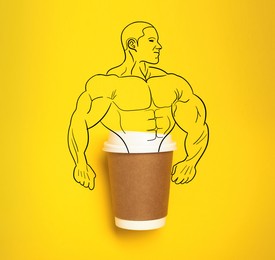 Strong coffee. Takeaway paper cup and illustration of bodybuilder on yellow background, top view