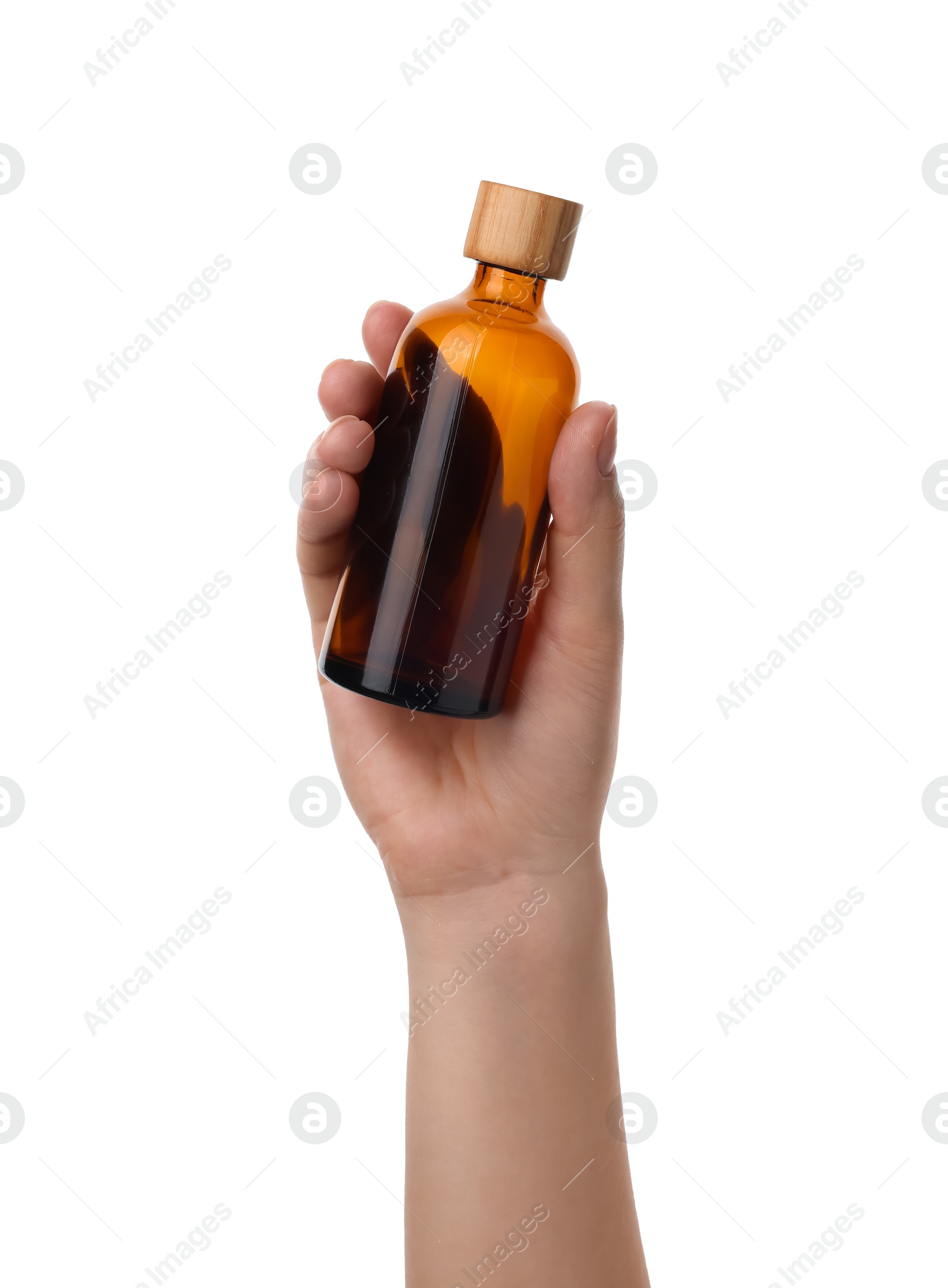 Photo of Woman holding glass empty bottle isolated on white, closeup