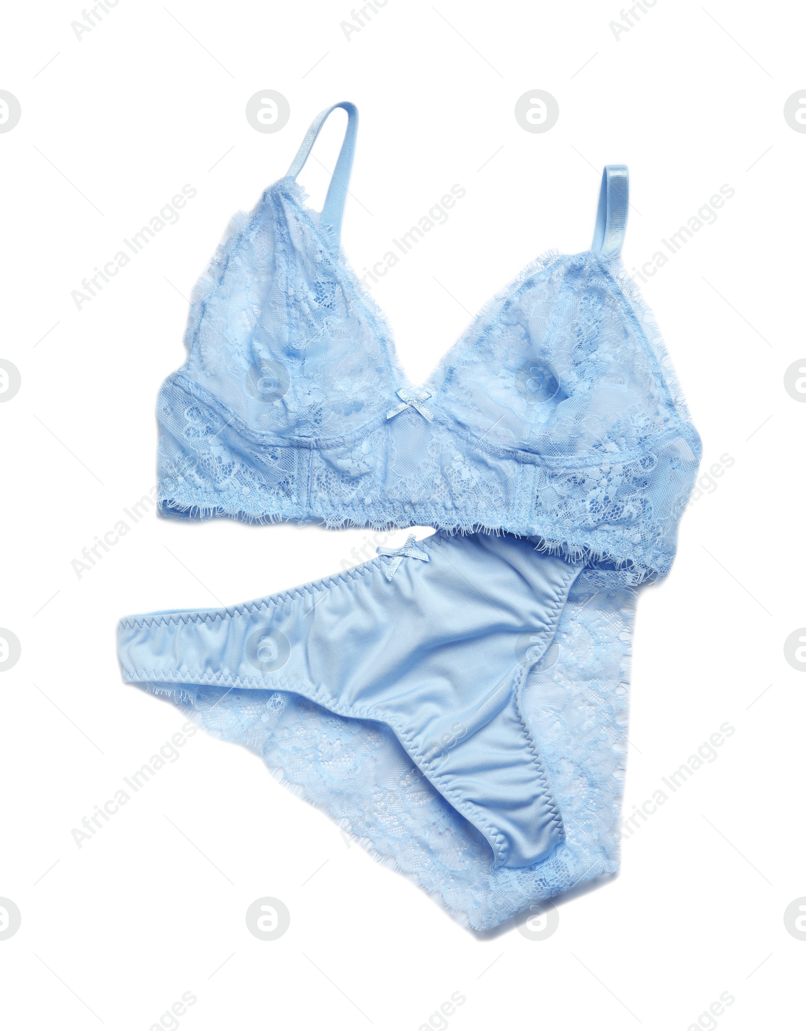 Photo of Elegant light blue women's underwear isolated on white, top view