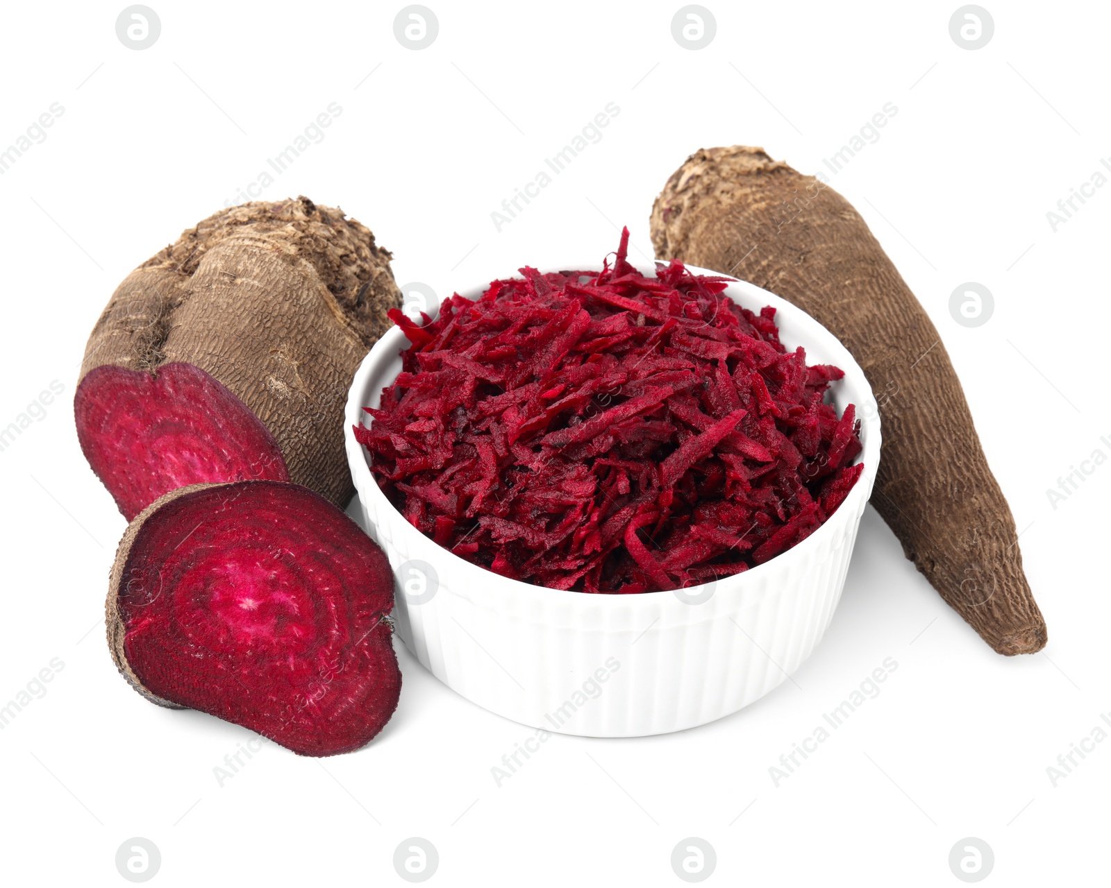 Photo of Whole, cut and grated red beets in bowl isolated on white