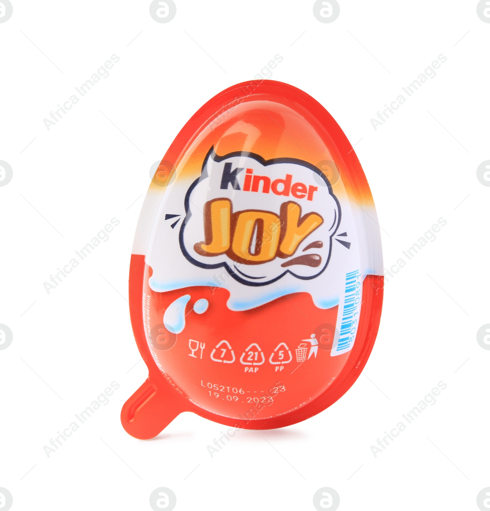 Photo of Slynchev Bryag, Bulgaria - May 24, 2023: Kinder Joy Egg isolated on white