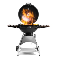 Image of Barbecue grill with fire flames on white background