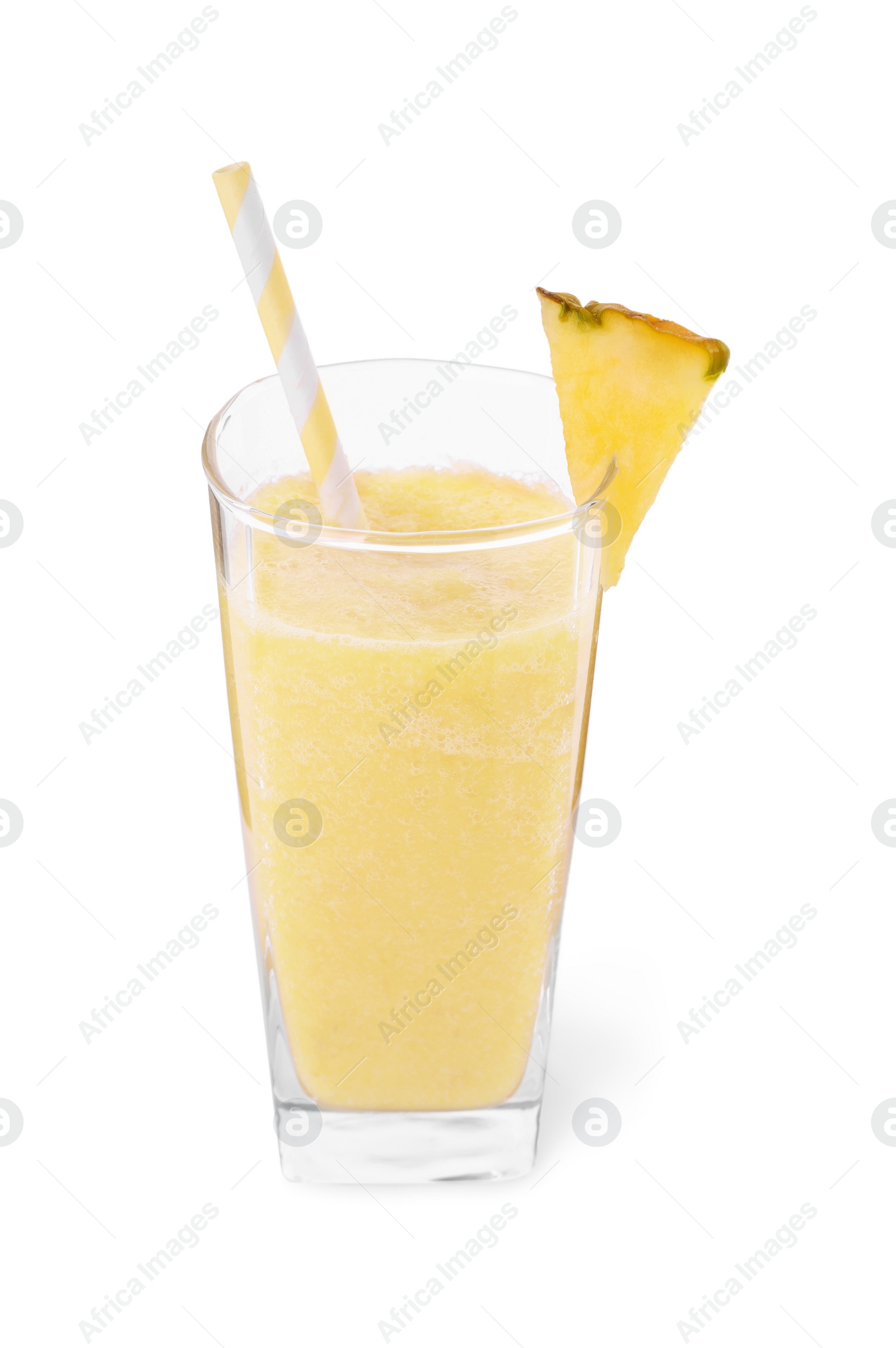 Photo of Glass of tasty pineapple smoothie isolated on white