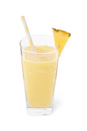 Photo of Glass of tasty pineapple smoothie isolated on white