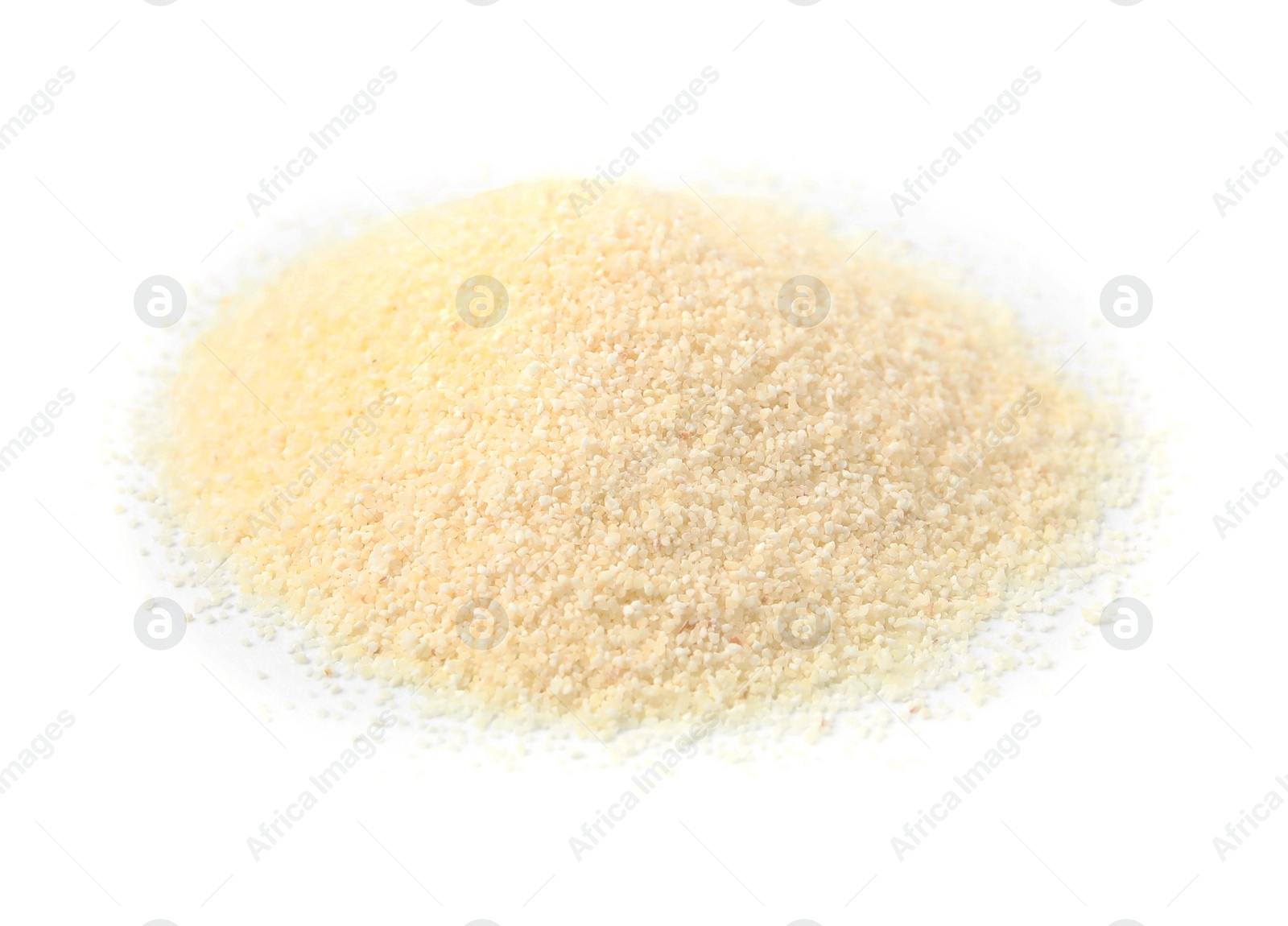 Photo of Pile of uncooked organic semolina isolated on white