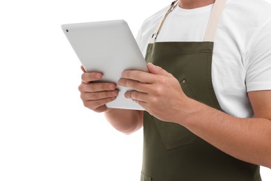 Man with tablet on white background, closeup